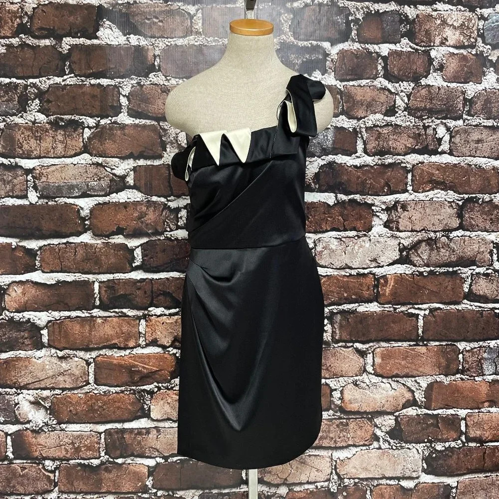 Max & Cleo Dress Cocktail Party Black Satin One Shoulder Size
